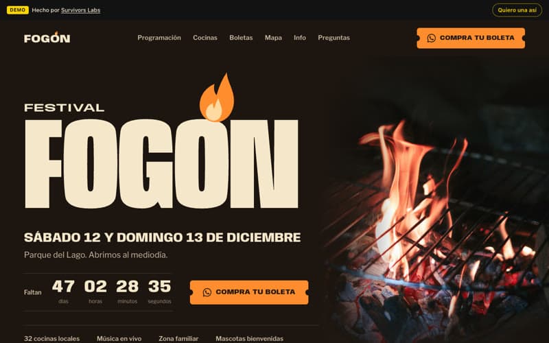 Página de ejemplo de Festival Fogón